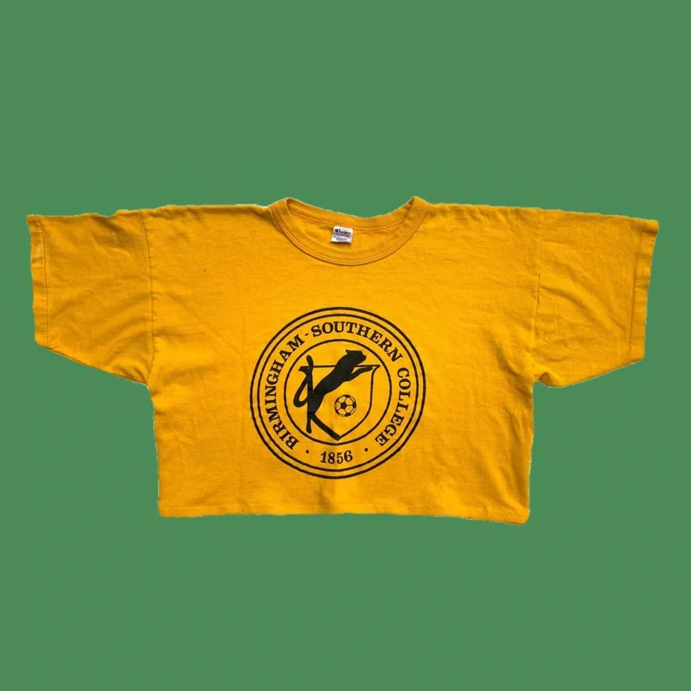 Vintage Champion Soccer Spell Out Yellow And Black Crop Top T-shirt Women’s L/XL - Picture 7 of 10